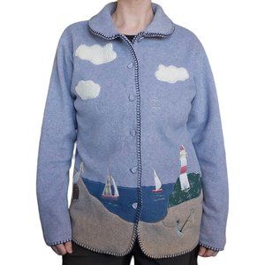 Retro 90s Coastal‎ Grandma Lighthouse Fleece Jacket Nautical S/M Beach Sailboat
